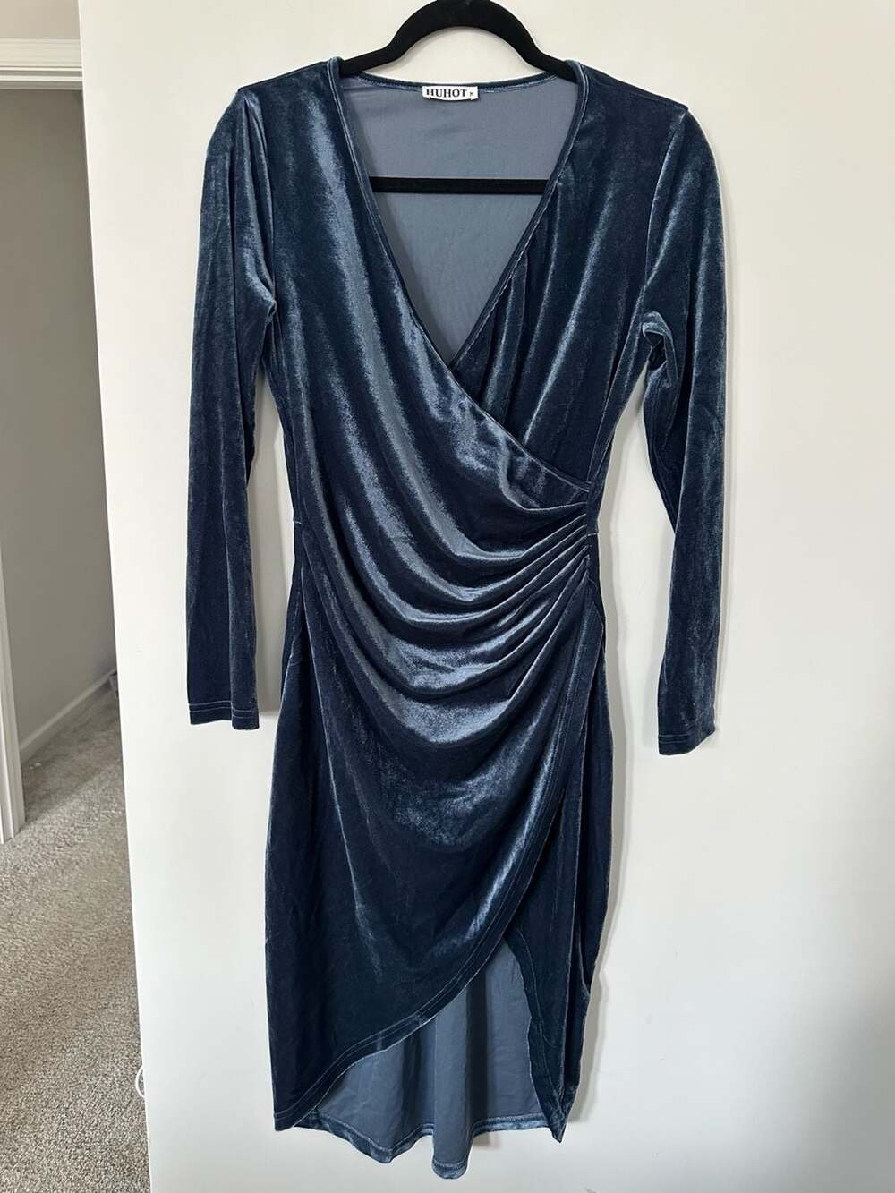 Huhot Women's Velvet Wrap V Neck Long Sleeve Split Wrap Bodycon Ruched Cocktail